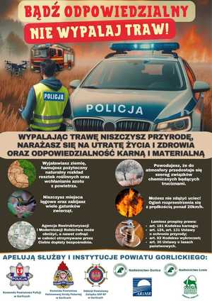 Plakat informacyjny z apelem służb dotyczący wiosennego wypalania traw.