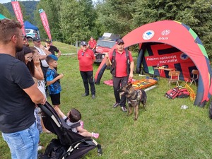 Uczestnicy pikniku oglądają pokaz psa  ratownika górskiego.