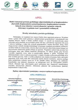 Apel służb i instytucji powiatu gorlickiego dotyczący niewypalania traw podpisany przez przedstawicieli służb