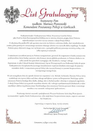 List gratulacyjny Poseł na Sejm RP Urszuli Nowogórskiej