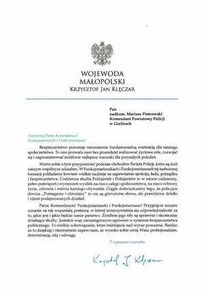 List gratulacyjny Wojewody Małopolskiego Krzysztofa Jana Klęczara
