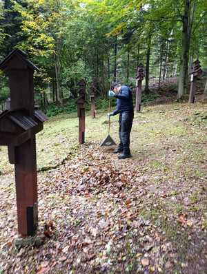 Osoba grabi liście obok drewnianych krzyży na cmentarzu w lesie.