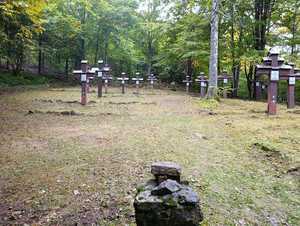 Osoba grabi liście obok drewnianych krzyży na cmentarzu w lesie.