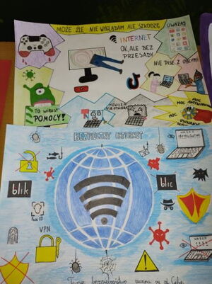 Prace plastyczne uczniów dotyczące zagrożeń związanych z korzystaniem z Internetu.