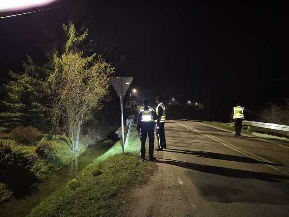 Trzech policjantów idąc drogą przeszukuje przy pomocy latarek przydrożne rowy.