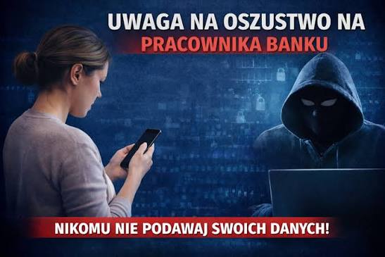Na przeciw kobiety z telefonem osoba w kapturze i przy komputerze. U góry napis, uwaga na oszustwa na pracownika banku.