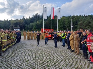Wszystkie służby stoją na placu i słuchają podsumowania ćwiczeń.