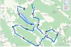 Mapa poglądowa z naniesioną kolorem niebieskim trasą rajdu kolarskiego ze startem w miejscowości Łosie i metą w miejscowości Leszczyny. Na trasie rajdu zaznaczone kolejne miejscowości.