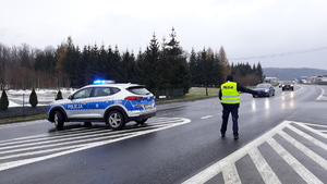 Policjant kieruje ruchem pojazdów, obok stoi policyjny radiowóz.