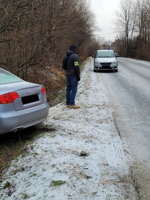 Na poboczu drogi stoi samochód, obok niego policjant, a na drodze stoi policyjny radiowóz.